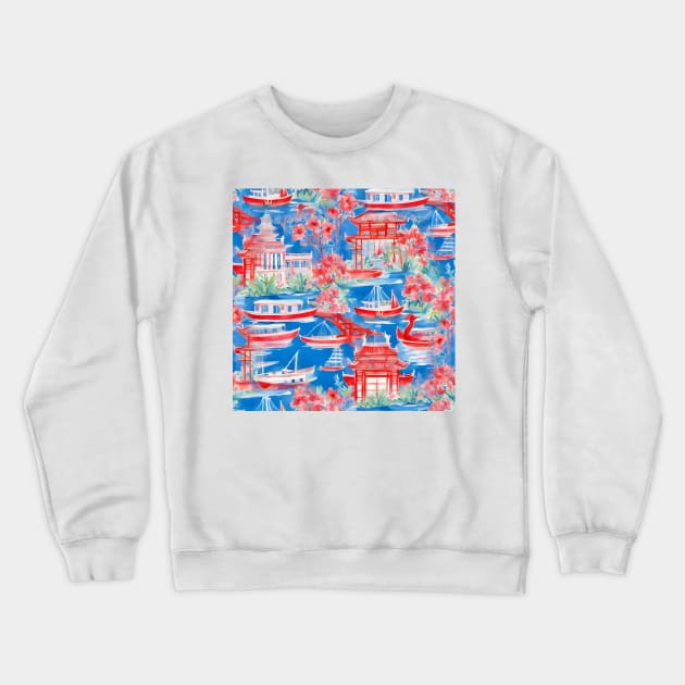 Pagodas, lake and sail boats in blue and red Crewneck Sweatshirt by SophieClimaArt